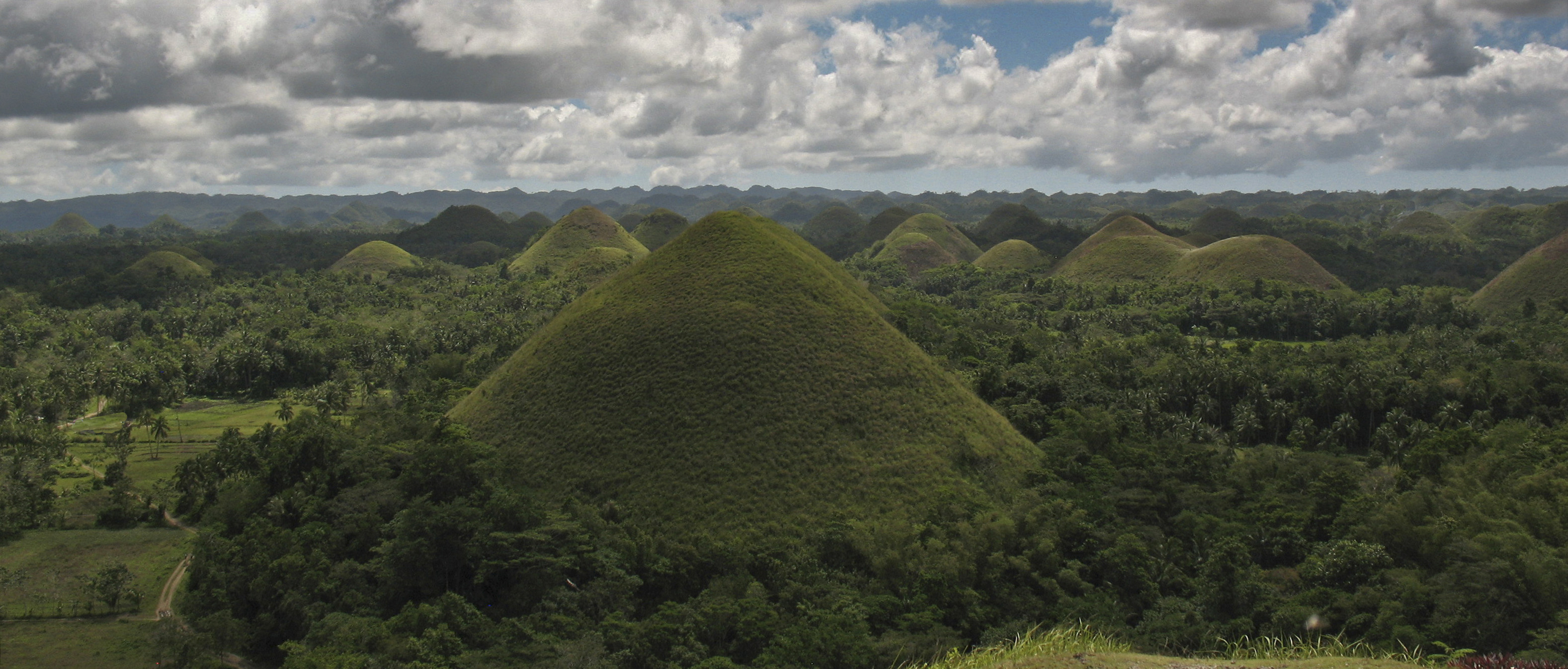 Chocolate Hills

A unique geological formation consisting of over 1,200 hills in the province of Bohol, Philippines. Once deep underwater tectonic forces lifted it, and nature slowly carved the hills we see today. They turn brown in summer resembling chocolate kisses hence the name. 
